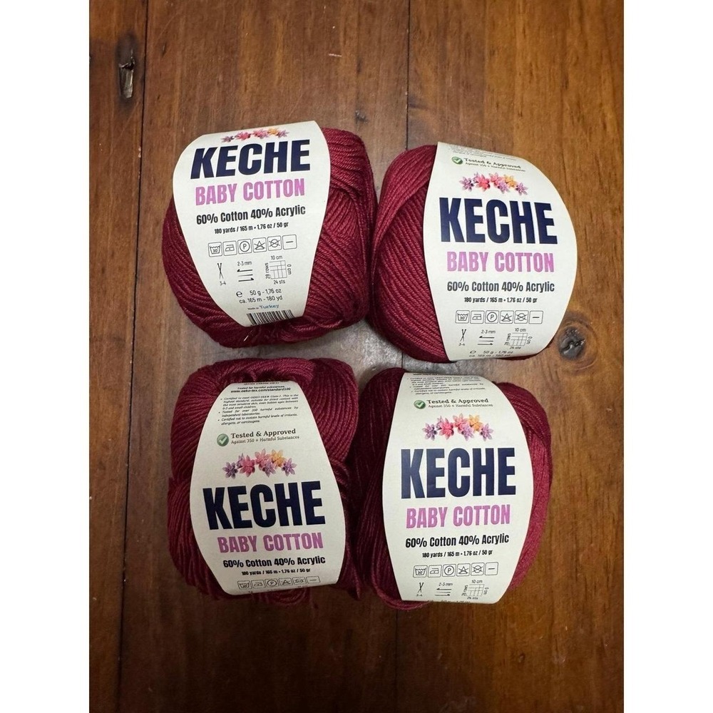 KECHE Baby Cotton Yarn 4 Skeins Burgundy 60% Cotton 40% Acrylic 180 Yards Each